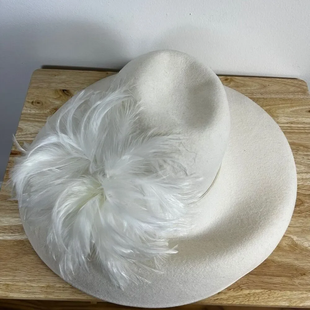 Seasons by S&S Hat Co Vintage White Wool Felt Wide Brim Hat Feather Accent USA